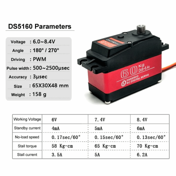 60KG High Torque Metal Geared Waterproof Digital Servo DS5160 - Image 4