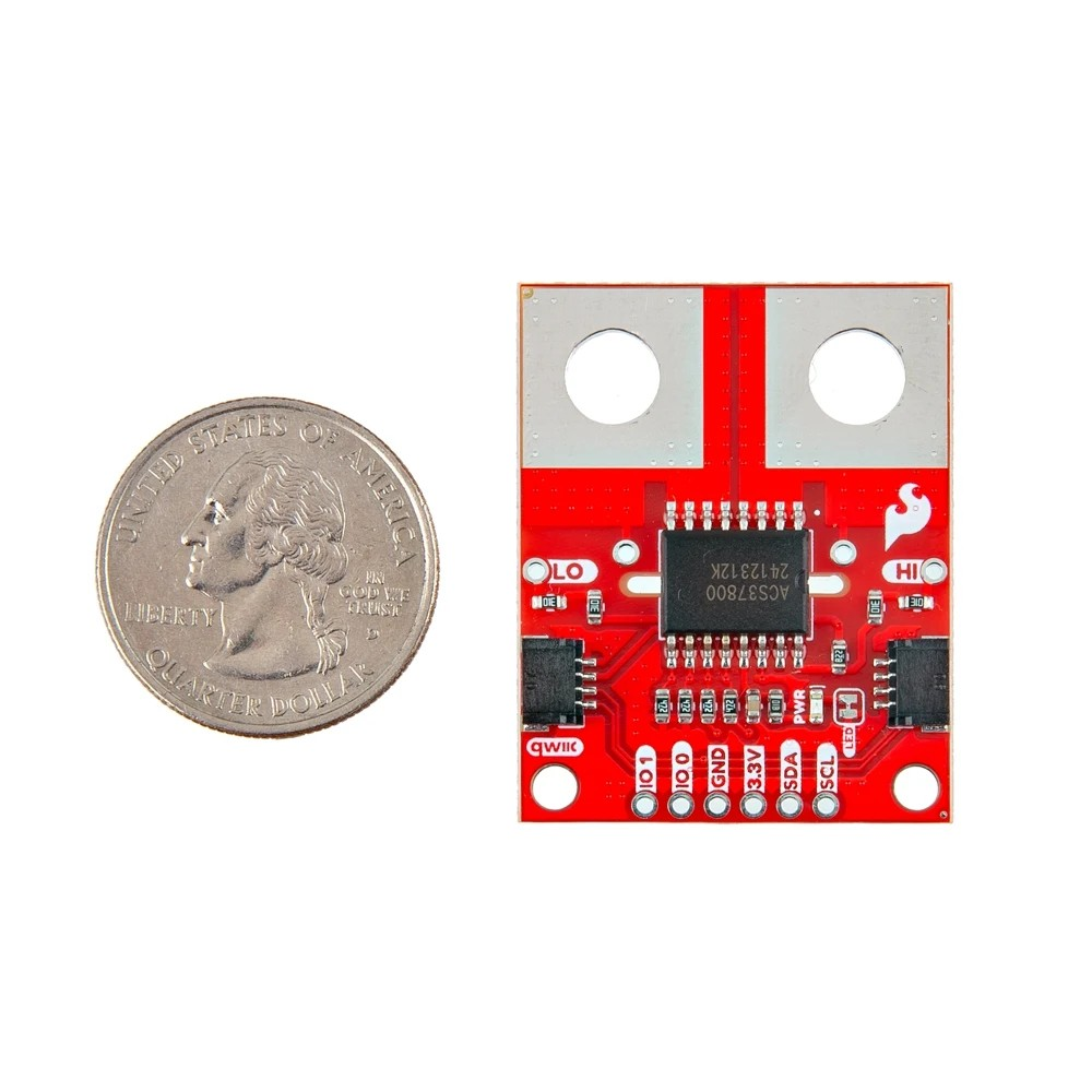 The SparkFun ACS37800 Qwiic Power Meter's size compared to a U.S. quarter.